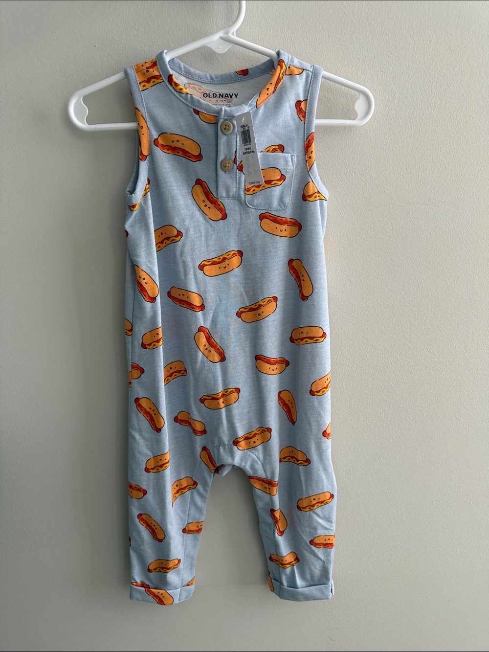 Old Navy Light Blue Sleeveless Baby Romper with Orange Hot Dog Print